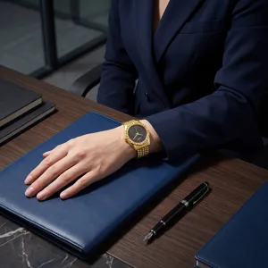 Detail shot of a women's gold quartz watch with diamond pave dial and alloy steel strap.
