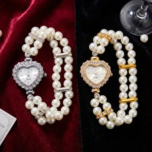 Elegant double row faux pearl stretch quartz watch with heart rhinestone women bracelet watch