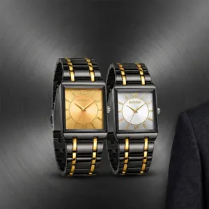 Rectangular quartz watch detail showing classic Roman numerals and dual-tone steel bracelet.