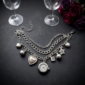 Multi-layer chain quartz watch bracelet with lovely charms, vintage style women's wrist watch.