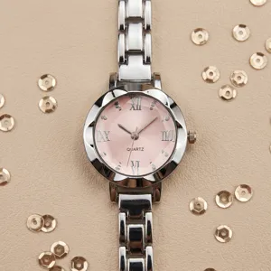 Montre quartz femme élégante avec cadran rose et bracelet en acier inoxydable mode