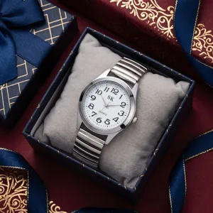 Elderly quartz watch with stretch steel band, large Arabic numerals and white dial, gift box.