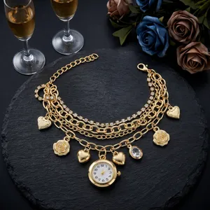 Gold multi-layer chain bracelet quartz watch with heart and rose charms for women.