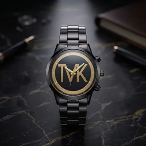Luxury quartz men watch with minimalist black gold dial and metal link bracelet stylish.