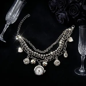 Multi-layer silver chain bracelet quartz watch for women with elegant heart and rose charms.