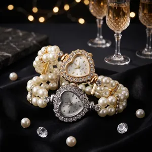 Double-row imitation pearl elastic quartz watch with heart-shaped diamond bezel detail.