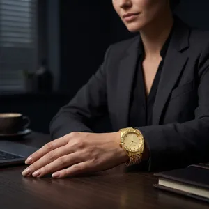 Gold tone alloy quartz wristwatch for women featuring a starry dial and sparkling rhinestone accents.