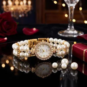 Elegant pearl watch detail featuring rhinestone bezel and quartz movement for women.
