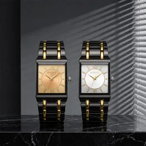 Men rectangular quartz watch business stainless steel two-tone wristwatch for men