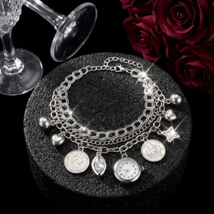 Silver Multi-Layer Charm Bracelet Quartz Watch with Pendant Hearts and Coin Details for Women
