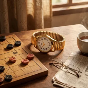 Elderly quartz watch with large digital numbers and gold stretch metal expansion band detail