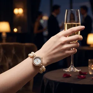 Close-up detail of luxury gold rhinestone quartz watch with double pearl bracelet band.