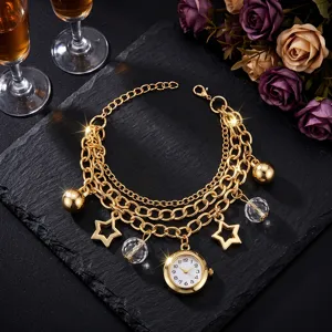 Gold multi-layer chain quartz watch with star and crystal charms for women daily wear.