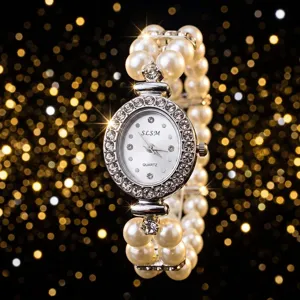 Elegant double row pearl stretch quartz watch with rhinestone bezel sparkling detail close up