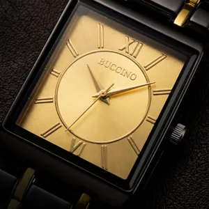 Men's rectangular quartz watch featuring a gold dial, Roman numerals, and a stylish metal strap.