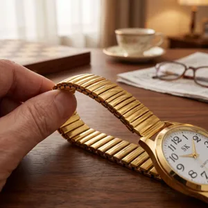 Golden quartz watch with stretch expansion metal band and clear large Arabic numerals.
