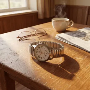 Detailed close-up view of a quartz wristwatch featuring a flexible stretch steel band and dial.