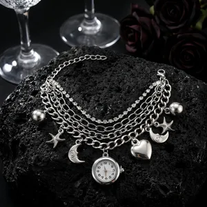 Multi-layer chain quartz watch for women with rhinestone charms and cute star moon pendants.