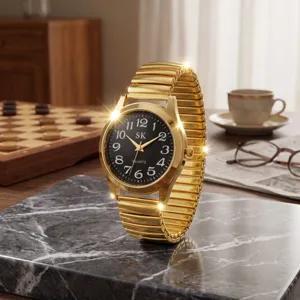 Gold quartz watch with expansion band, large Arabic numerals, and a clear black dial face.