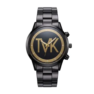 Men's quartz watch with black stainless steel strap, bold gold dial design and large TVK logo.