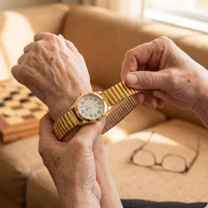 Elderly quartz watch with large digital scale and gold-tone metal expansion band for daily wear.