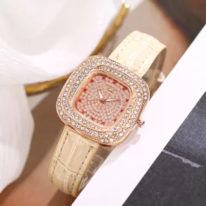 Fashion square rhinestone women quartz watch with starry dial and elegant leather strap.