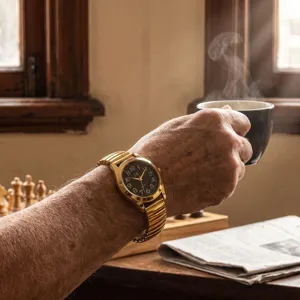 Elderly quartz watch detail shot, gold tone stretch band, large arabic numbers on dial.