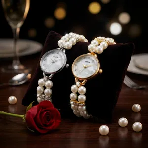 Double row imitation pearl elastic quartz watch rhinestone bracelet watch for women detail view