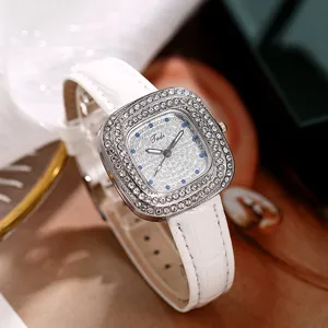 Elegant square rhinestone quartz watch for women with white leather strap and shiny dial.