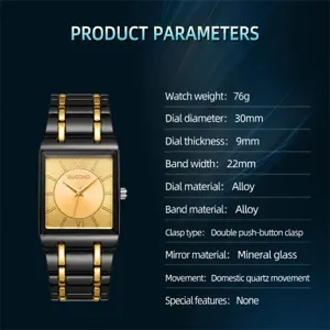 Detailed view of the rectangular quartz watch featuring clear parameter specifications and dial.