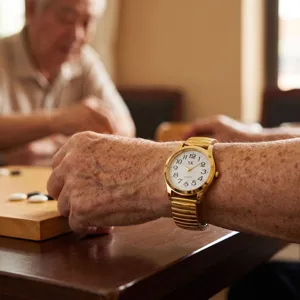Classic elderly quartz watch with stretch expansion strap and clear large numbers for easy reading.