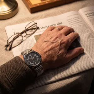 Vintage quartz watch with large numbers and elastic metal expansion band for elderly daily use.