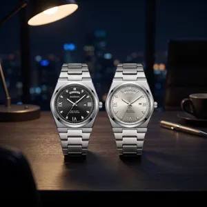 Detailed view of luxury stainless steel quartz men watches with calendar display and dials.