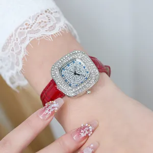 Fashion square rhinestone quartz watch with red leather strap for women, elegant daily wear.