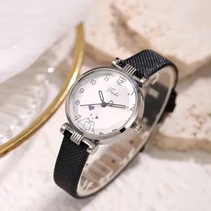 Orologio al quarzo minimalista da donna cinturino nero quadrante bianco elegante stile studentesco.