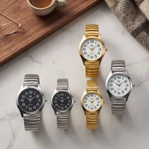 Quartz watch with expansion metal strap and large Arabic numerals for easy reading.