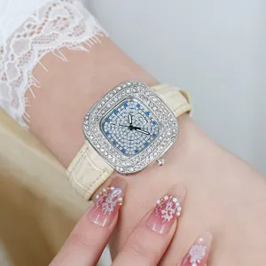 Elegant square rhinestone quartz watch with PU leather strap for women daily wear