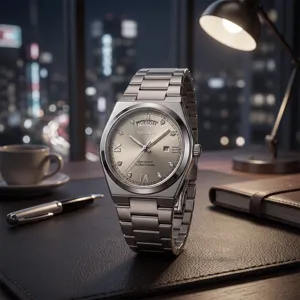 Men's stainless steel quartz watch detail view with dual calendar and sleek metallic bracelet design.