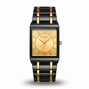 Men's quartz watch black gold rectangular dial steel strap business fashion wristwatch