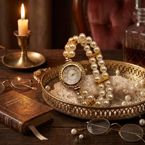 Double-row faux pearl stretch quartz watch with sparkling rhinestone dial for women.