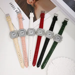 Luxury square diamond women watch quartz wristwatch with elegant leather strap for daily wear.