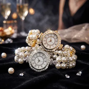 Stunning women quartz watch featuring elegant double-row elastic pearl and sparkling rhinestone bracelet design.