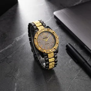 Exquisite rhinestone alloy steel strap quartz watch for women, starry dial design detail view.