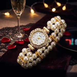 Double-row faux pearl elastic quartz watch featuring a stunning flower rhinestone bezel.