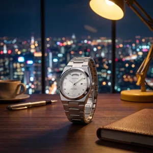 Stainless steel quartz men watch with silver dial, dual calendar and metal bracelet.