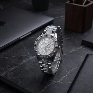 Women rhinestone quartz watch with alloy steel band and starlight dial fashion accessory.