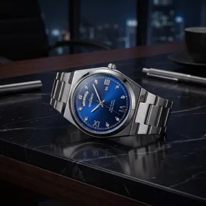 Men's stainless steel quartz watch with blue dial and day-date display for daily business style.