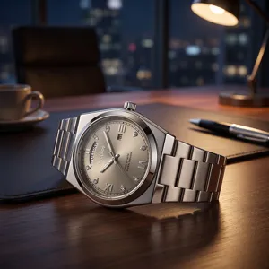 Stainless steel quartz men's watch with day-date display and stylish metal bracelet.