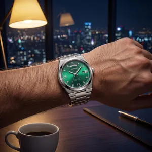 Close-up of green dial quartz watch with stainless steel strap, worn on wrist in night office.