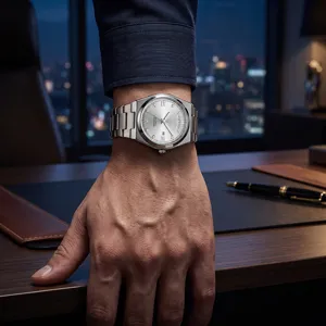 Men's quartz watch with stainless steel strap, silver dial, and double calendar display.